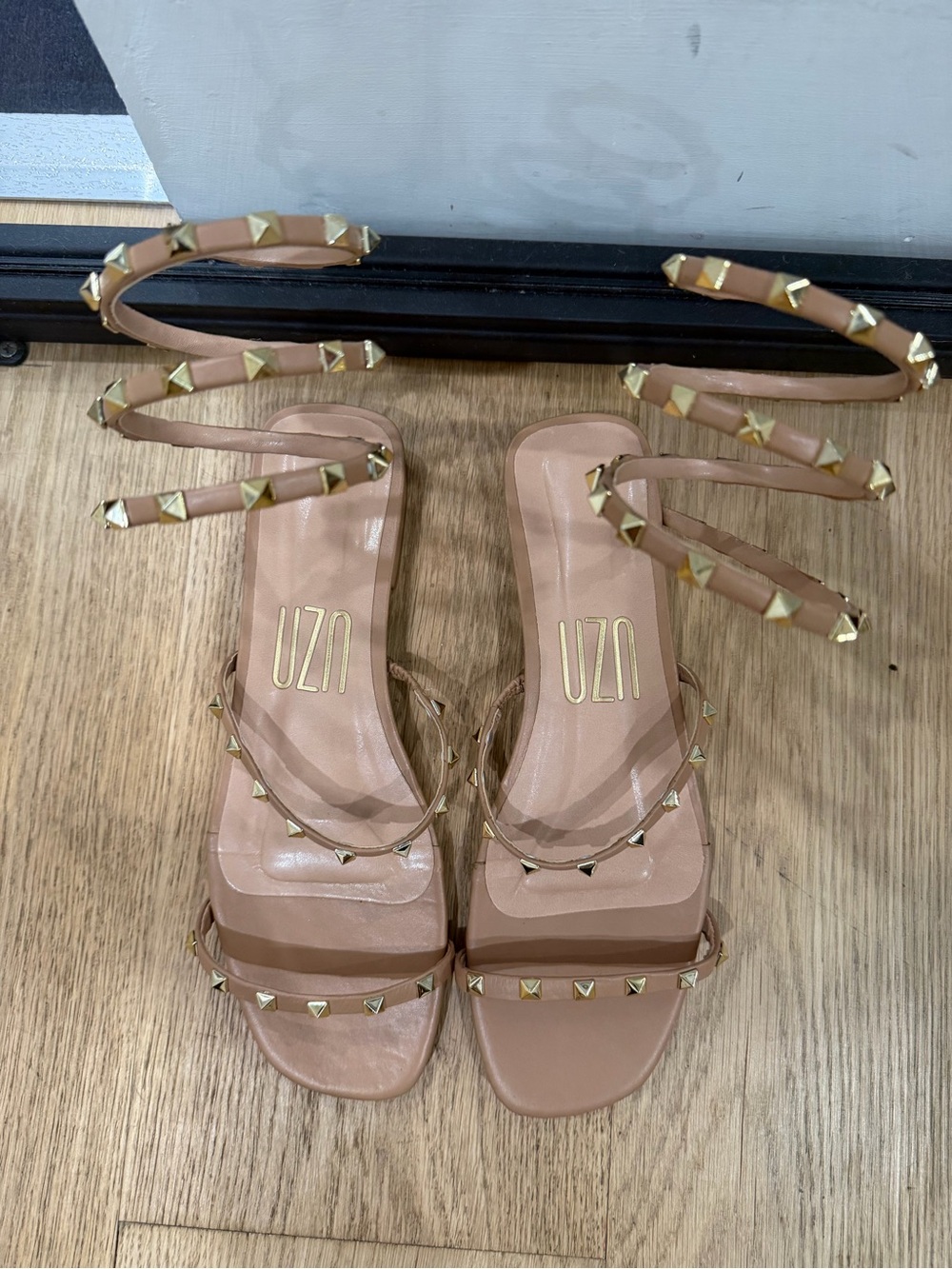 UZA Brazil Nude Gold Studded Wraparound Sandals –Size 8 Worn Once